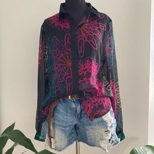 Print Mesh Long Sleeve Blouse